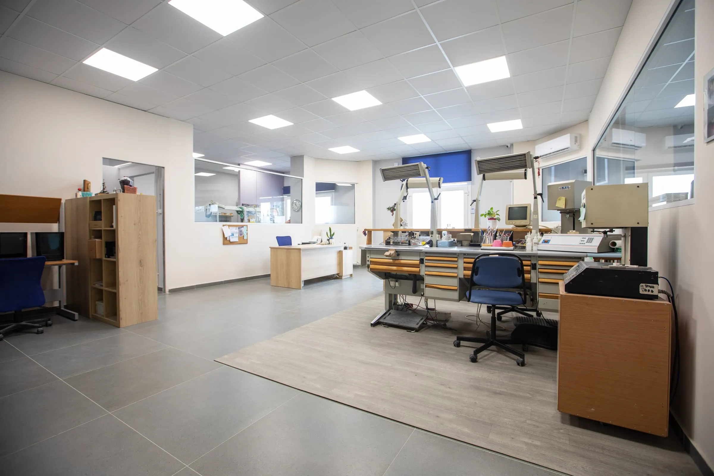The EstheTeeth lab workroom with the technicians’ benches